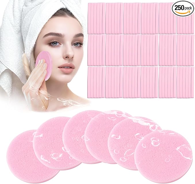 Mgiflw Compressed Facial Sponge,Reusable Makeup Blender 250 Count,Soft Round Wash Sponges for Estheticians Makeup Removal,Face Cleansing Exfoliating Compress Spa Pads for Women,Pink