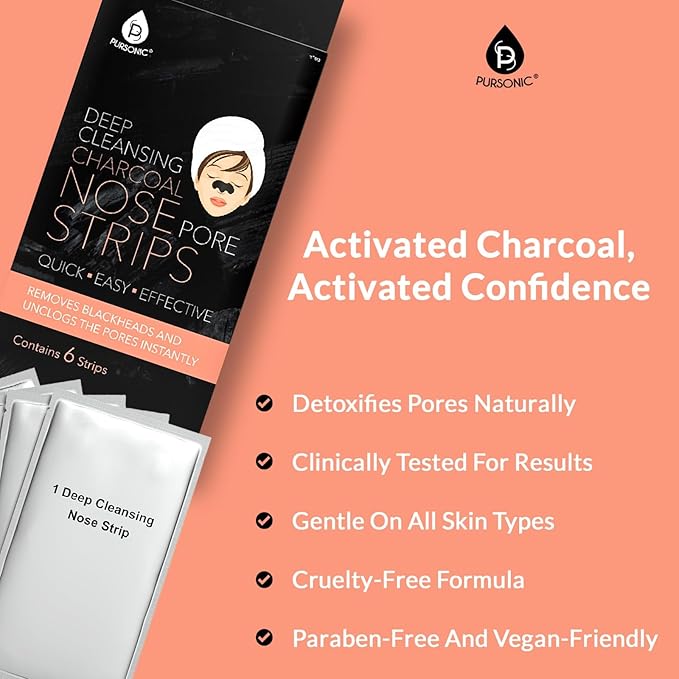 Pursonic Deep Cleansing Nose Strips Blackhead Remover - Charcoal Nose Pore Strips for Instantly Unclogging Pores, Easy-to-Use for All Skin Types - 24 Strips (Pack of 4)
