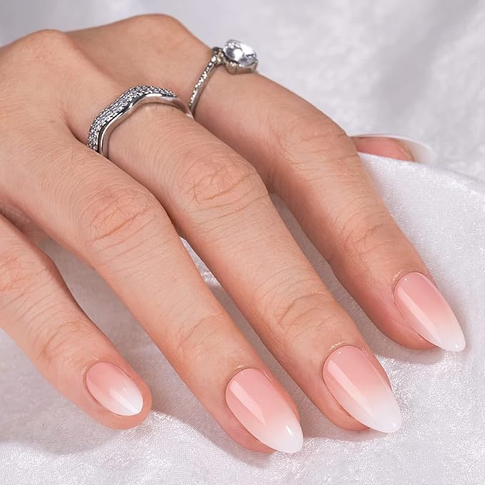 Almond Press On Nails Medium - BTArtbox Soft Gel Ombre Fake Nails with Nail Glue, Semi-Transparent Reusable Glue On Nails in 16 Sizes - 32PCS Stick On Nails Kit, Vanilla Cream Almond