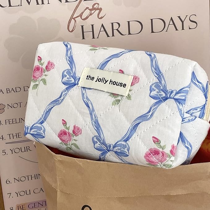 Cute Makeup Bag Aesthetic Floral Quilted Cotton Cosmetic Bag Travel Organizer Toiletry Pouch 3 Pack Set (01Blue Bow)