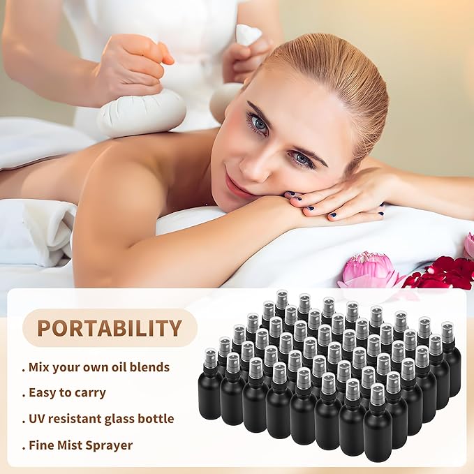 BILLIONSTARS 48 Pack 2oz Glass Boston Round Bottle with Fine Mist Sprayer - Black Frosted - Essential Oils, Bath, Beauty, Hair & Cleaning - Leakproof Travel Bottles
