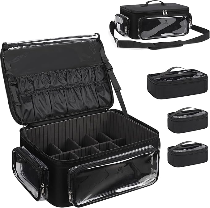 Large Makeup Case Cosmetic Organizer Box Brush Holder, Travel Makeup Train Case with 3 Clear Bags, Professional Makeup Artist Bag Cosmetic Case with Adjustable Dividers and Shoulder Strap