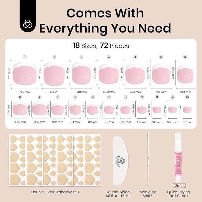 Beetles Toe Nail Press Ons Short - White French Tips Press On Toe Nails Square for Women - Perfect fit for feet with Jelly Glue Fast Dry Glue Fake Toenails in 18 Sizes- 72 Toenails Kit