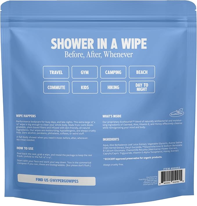 HyperGo XL Body Wipes for Women & Men – 12" x12" Rinse-Free Full Body Cleansing 30 Count Pack - Unscented | Biodegradable, Hypoallergenic, Aloe-Infused | Gym, Festival, Camping Essentials
