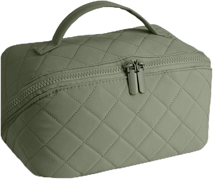 Travel Makeup Bag for Women - Puffy Padded Make Up Bags, Lay-Flat Water-Resistant Cosmetic Case, Large Capacity Cosmetic Bag for Travel Storage of Toiletries and Makeup Brushes (Green)