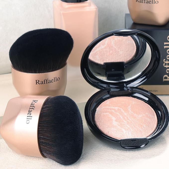 Raffaello Angled kabuki Foundation Brush: Fast, Flawless Foundation - Dense Soft Bristles for Streak-Free Liquid, Cream & Powder - Ergonomic Handle for Effortless Blending & Buffing (Champagne Gold)