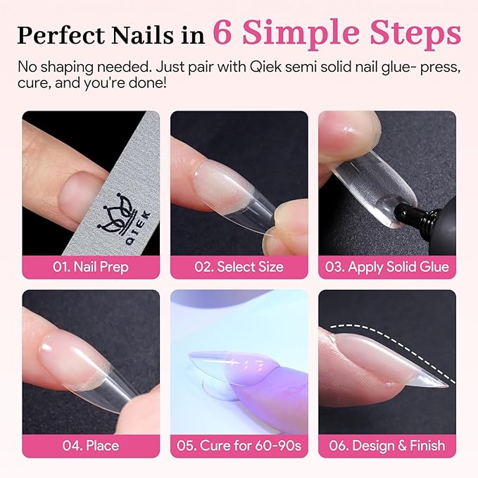 Qiek Medium Almond Pre-Building Nail Tips Kit, 15 Sizes 240 PCS Pre-shaped Apex Pink Thick Extensions Tip Soft Half Matte Press On Fake Nails Glue Gel Nail Lamp for DIY Beginners & Salon Manicure