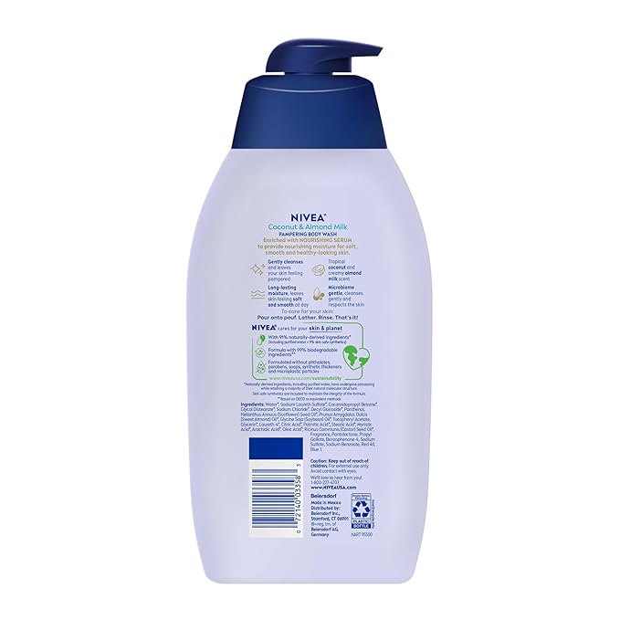 NIVEA Pampering Coconut and Almond Milk Body Wash with Nourishing Serum, Moisturizing Body Wash for Women, Enriched with Provitamin B5 and Vitamin E, 20 Fl Oz Bottle, Pack of 3