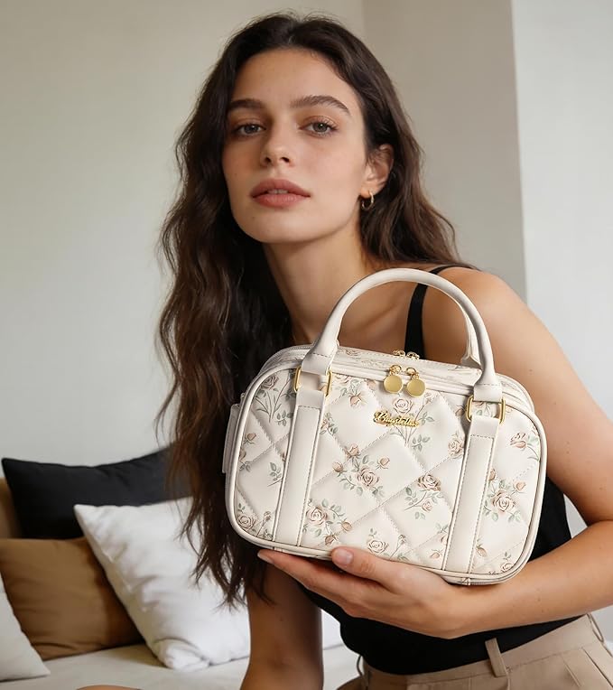 Bagstellar Travel Makeup Bag, Large Capacity Quilted Toiletry Bags for Women, Wide-open Cosmetic Bags Make Up Case Organizer Portable Pouch with Handle & Brush Holder for Traveling Accessories, Black