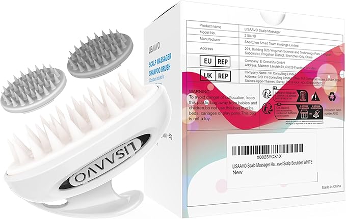 LISAAVO Scalp Massager Brush, with 3 Replacement Heads, 3 Softness for Selection, Shampoo Brush for Relaxing, Deep Cleansing Exfoliator & Soothes itching - Wet/Dry Use for All Hair Types, White