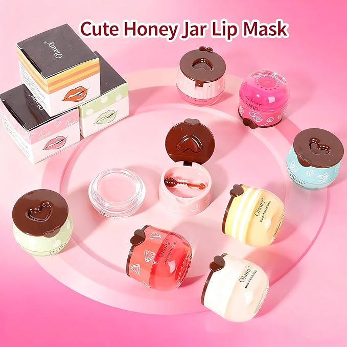9 PCS Bee Lip Balm Honey Pot,Strawberry,Watermelon,Apple Lime,Cherry,Mint,Grapes,Coconut&Peach Flavors Honey Lip Overnight Lip Balm Bulk,Moisturizing Lip Mask &Preventing Dry,Cracked Lips