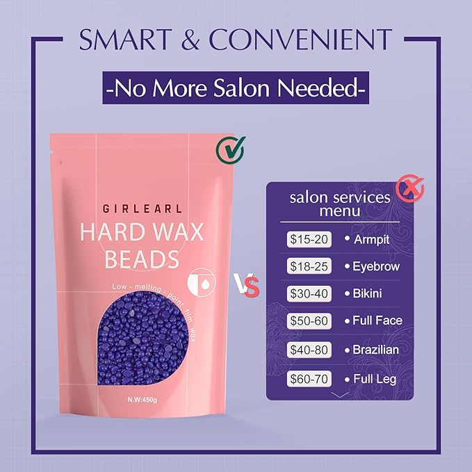 GIRLEARLE Hard Wax Beads, Wax for Women Sensitive Skin, 1lb, Lavender Formula, Hair Removal for Legs, Brazilian Bikini, Eyebrow, Facial and Full Body