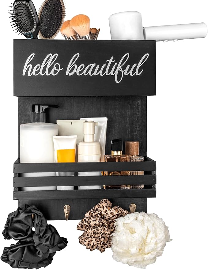 Wooden Hair Dryer Holder Wall-Mounted - 2 Tier Bathroom Storage Shelf Cosmetic & Hairdressing Tools Organizer for Bathroom Countertop/Vanity (Black)