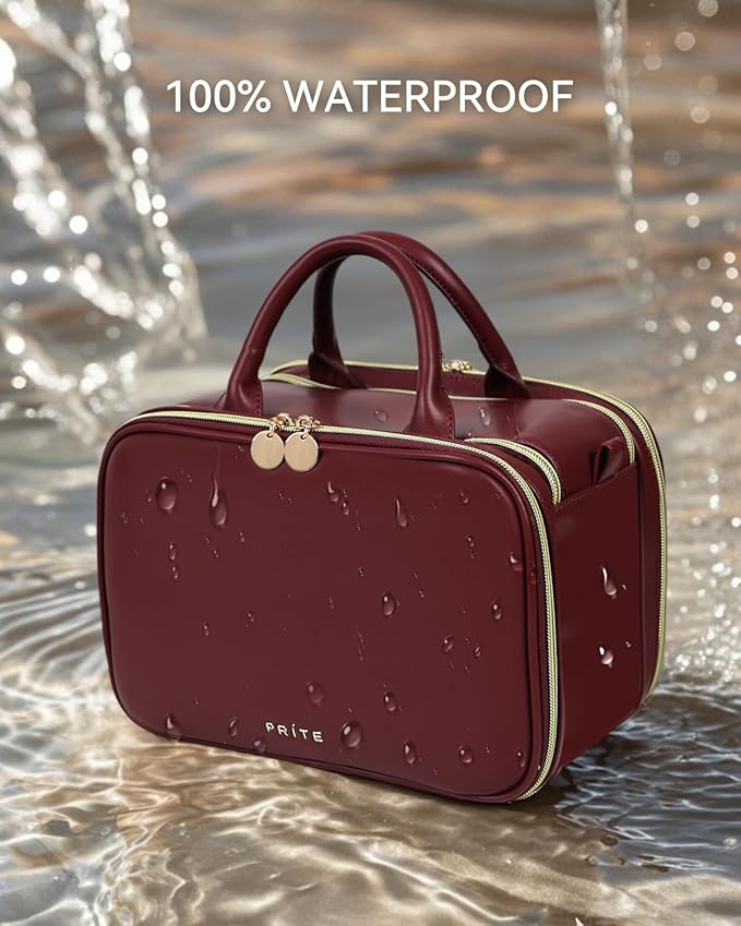 Prite Makeup Bag for Women, Large Capacity Waterproof Travel Cosmetic Organizer, Portable Open Flat Toiletry Bag with Free-standing Brush Holder and Handle (Burgundy Large)