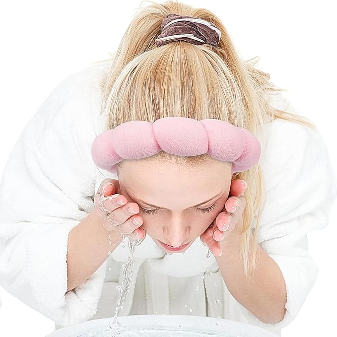 Spa Headband for Washing Face Wristband Set Sponge Makeup Skin Care Terry Cloth Bubble Soft Get Ready Hairband Women Girls Puffy Padded Headwear Non Slip Thick Hair Accessory (Pink)
