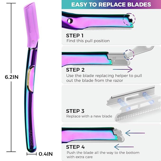 ZOMCHI Dermaplane Razor for Women Face, Premium Facial Razor & Eyebrow Razor, Dermaplaning Tool with Metal Handle, Removes Peach Fuzz, Exfoliates Skin, 11 Blades (Rainbow)