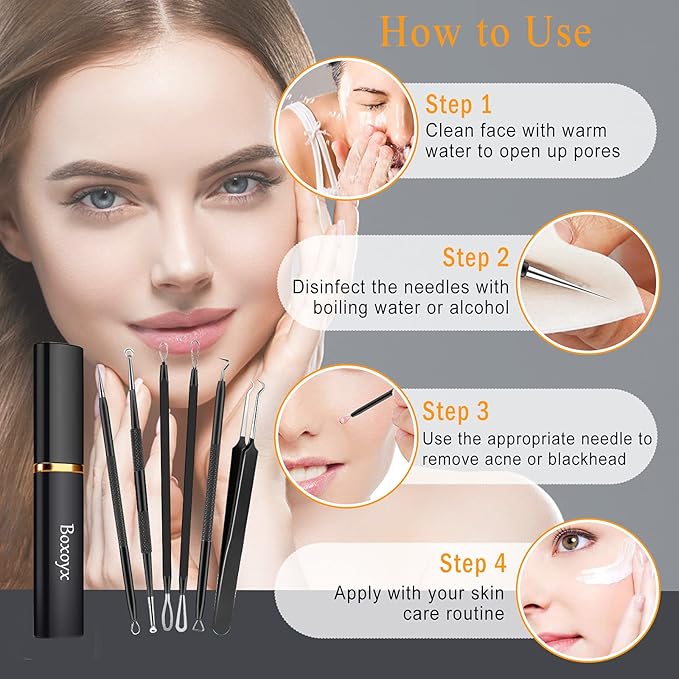 Boxoyx Pimple Popper Tool Kit - 6 Pcs Blackhead Remover Comedone Extractor Tool Kit with Metal Case for Quick and Easy Removal of Pimples, Blackheads, Zit Removing, Forehead, Facial and Nose(Black)