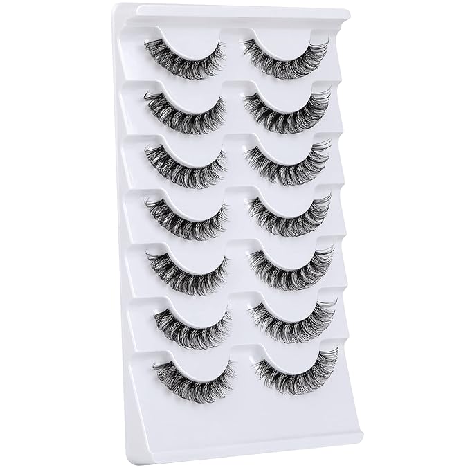 False Eyelashes Wispy Natural C Curl Strip Lashes Transparent Lash Bands Fluffy Cat Eye Lashes 7 Pairs by Yawamica