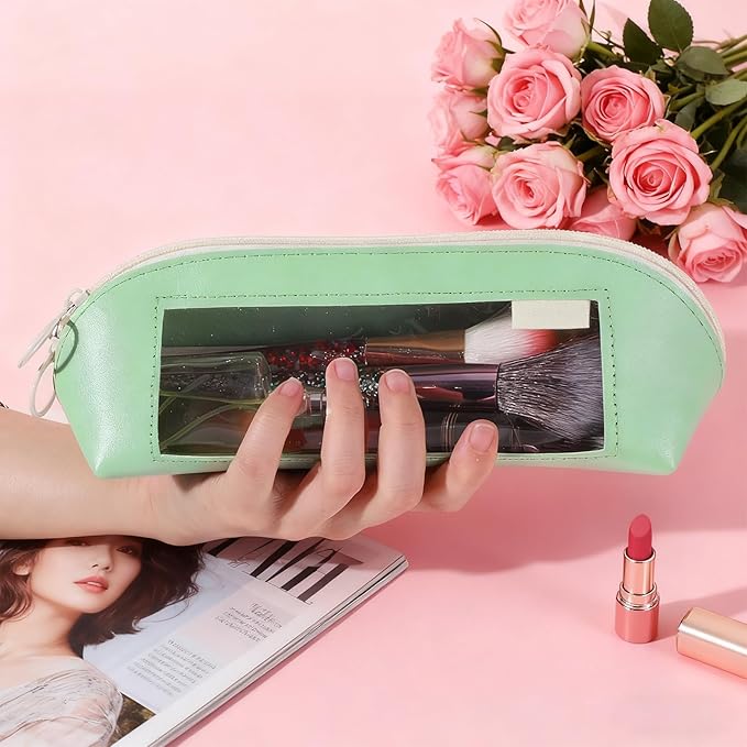 Clear Makeup Brush Bag Portable Makeup Brush Bag PU Leather Small Make up Brushes Pouch Case Transparent Waterproof Travel Cosmetic Organizer Pouch with Zipper for Women Home Office Storage (Green)