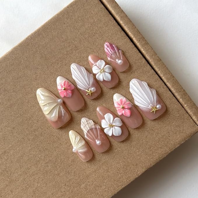 MAGLFELL Press On Nails Medium Length Almond Shape False Nails, Handmade Acrylic Gel Fake Nails with Art Designs, Reusable 10 Pcs 3D Nails for Women DIY Manicure Kit (Size L)