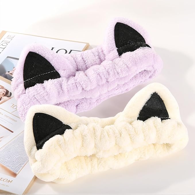 2 Pcs Cat Ears Headband, Cute Spa Headbands for Washing Face Skincare Makeup Headbands for Women Girls Trendy Stuff Present Soft Coral Fleece Hair Accessories(Purple Beige)