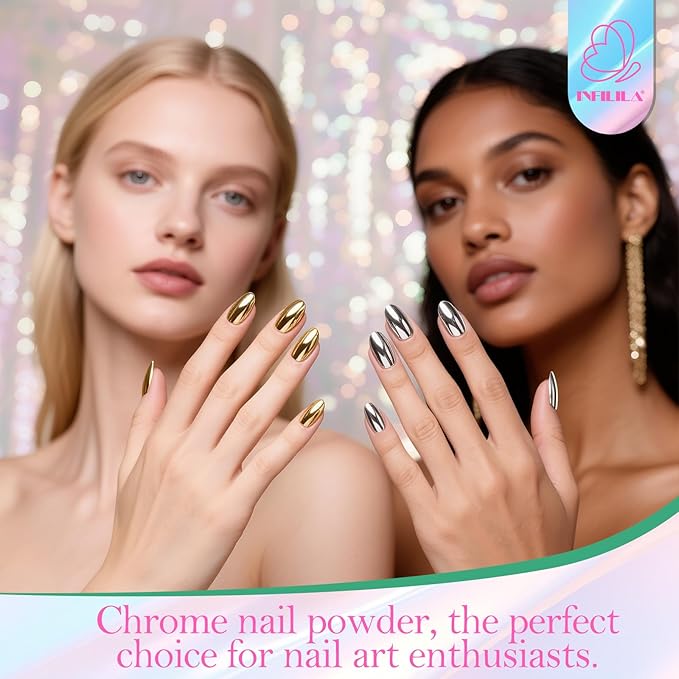 NXJ INFILILA Holographic Chrome Nail Powder, 4 Colors Gold, Silver, Pink, Green Rainbow Unicorn Iridescent Glitter Pigment Dust for Nail Art Design Professional Salon & Home Use