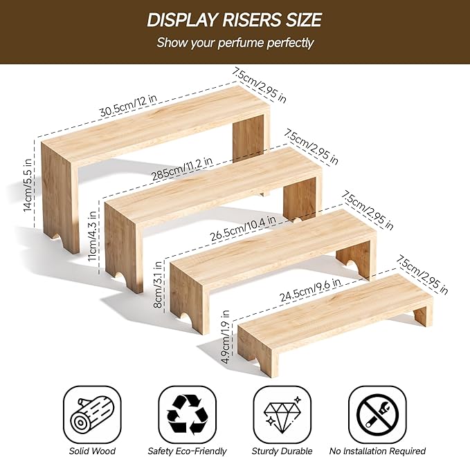 4 Tier Large Display Wooden Riser Stand 1 Set Decorative Rectangular Wood Racks 4 Pieces Stackable Perfume Organizer Cologne Stand Wood Dessert Table Display Set for Vendor Events (Wood color, 4PCS)