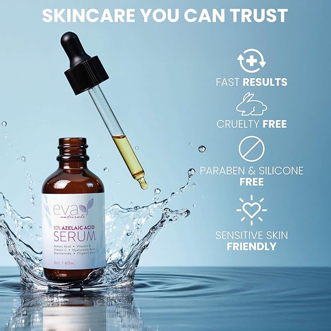 Eva Naturals 10% Azelaic Acid Serum for Face – Niacinamide, Hyaluronic Acid – Redness Relief, Dark Spots, Uneven Skin Tone, Texture, Pores, Topical Booster for Clearer, Smoother Skin, 2oz