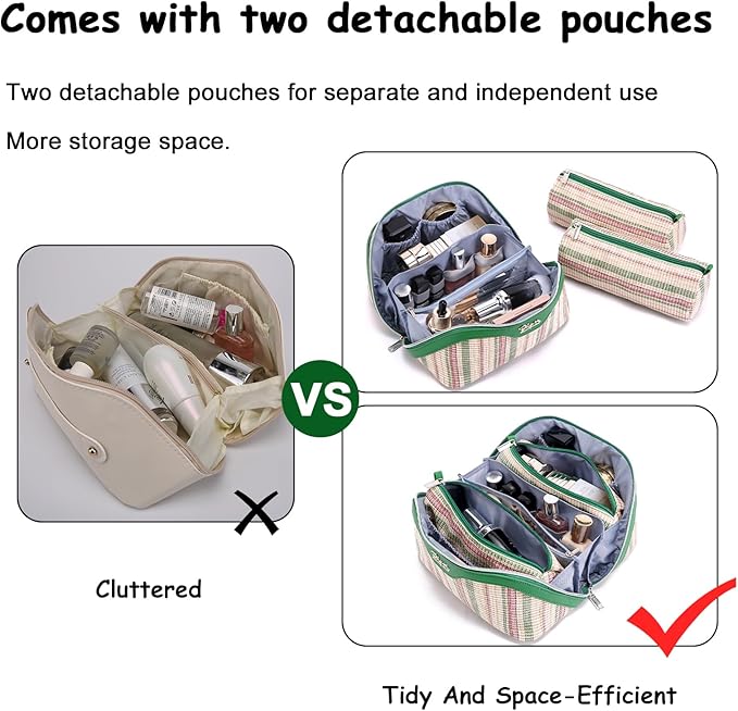 BOYATU Travel Makeup Bag for Women: Large Capacity Open Flat Make up Bag Set of 3 - Vegan Leather Cosmetic Bag with Compartments - Waterproof Toiletry Bag with Handle & Divider(I-3-Green)