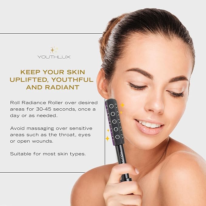 Radiance Roller – Germanium Stone Facial Massage Tool for Lifting, Sculpting, De-Puffing, Glow Boost, Energizing & Cooling Effect (Black)