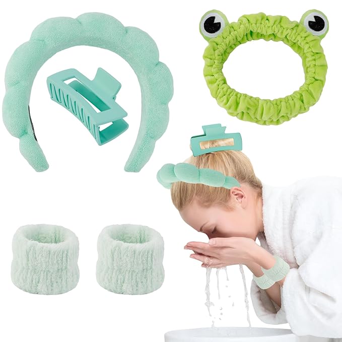 Canitor Spa Headband Wrist Bands with Hair Clips Green Frog Makeup Skincare for Washing Face Skin Care Preppy Teen Girl Gifts Cute Trendy Stuff Hair Accessories for Women