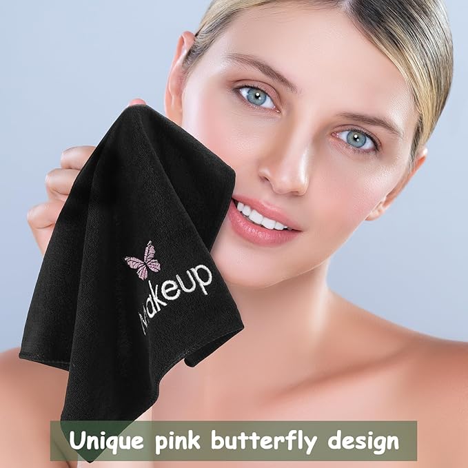 Shimeyao 20 Pack Makeup Towels Black Makeup Washcloths for Face Butterfly Microfiber Remover Cloth 13x13 Inch Quick Dry Face Towels for Cleansing Hand