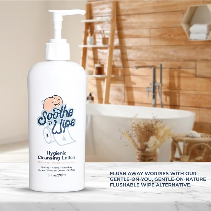 SOOTHE 'N WIPE Hygienic Cleansing Lotion, Flushable Wipe Alternative with Aloe & Moisturizers, Toilet Paper Moistener for Clean, Soft & Smooth Bum, Butt Cleaner, Sanitizing Lotion 8 Oz