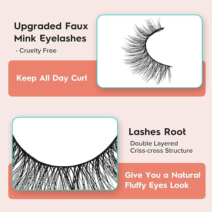 Cat Eye Lashes - Natural 15mm Wispy False Eyelashes, Thin Band, 3D Volume, Curly, 7 Pair Pack