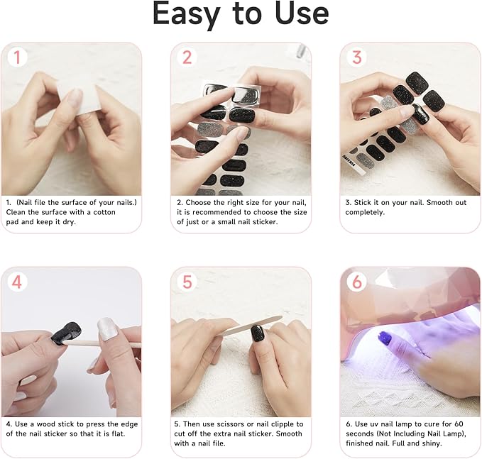 DUKASOU Semi Cured Gel Nail Strips, 56Pcs Nail Art Stickers/Wraps, Long Lasting UV Nail Polish Strips for Adults(Silver+Sequined Black)