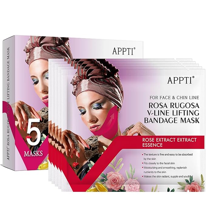 AppXynn 5-Piece Rosa V-Line Lifting Bandage Mask, Double Chin Reducer Face Lifting Mask, Moisturizing V Shaped Face Mask, Cheek & Neck Patch