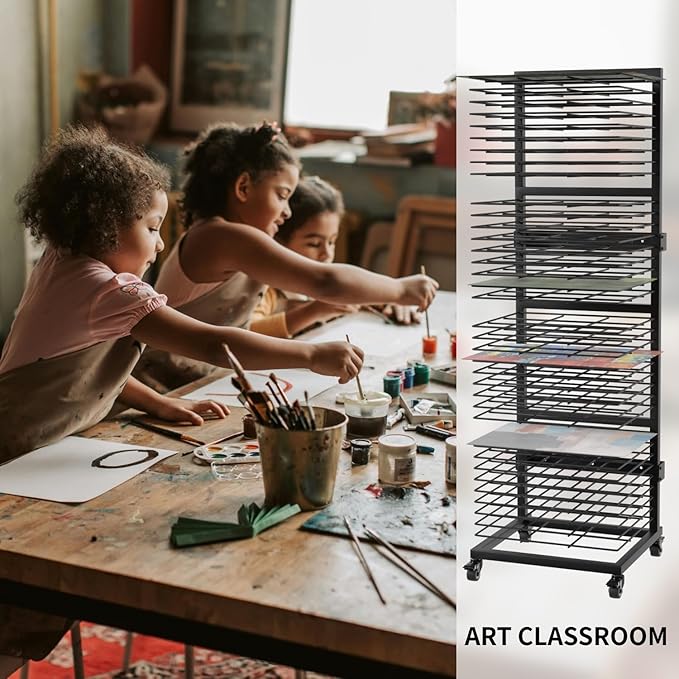 Art Drying Rack with 36 Shelves, Wall Mount Painting Drying Rack for Classroom, Studio, Mobile Canvas Rack Art Storage with 4 Wheels, 17 5/16” W X 15 1/4” D X 55 1/2” H