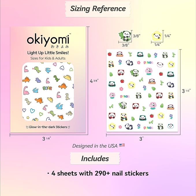 4 Sheets of 3D Nail Stickers - 292 Cute Nail Decals - Embossed Nail Stickers for Kids | Kawaii Theme - Flowers, Hearts, Bunny, Panda, Dinosaurs | Glow in The Dark