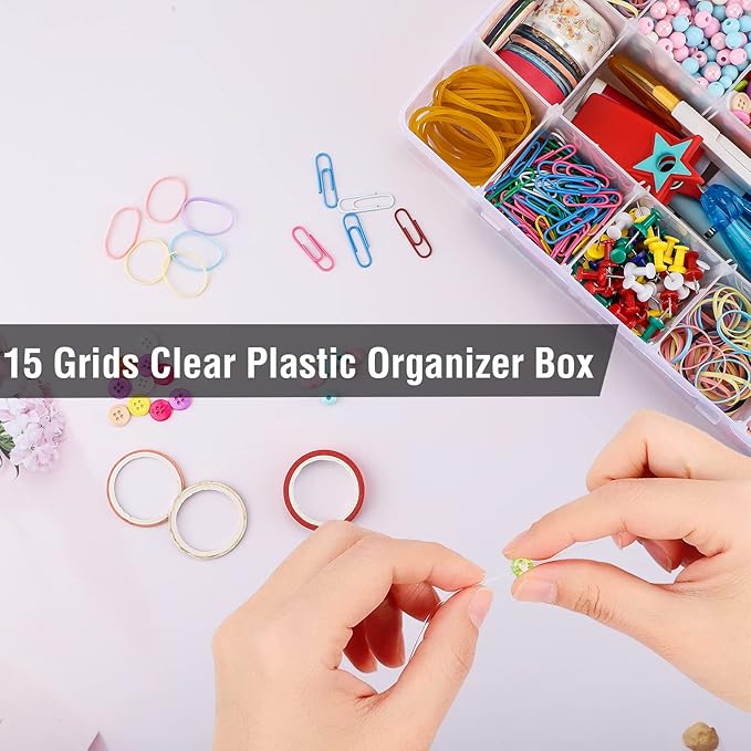 Exptolii 15 Large Grids Plastic Organizer Box with Dividers, 2 Pack Clear Compartment Container Storage for Washi Tapes Beads Crafts Jewelry Fishing Tackles, Size 11 x 6.3 x 2.2 in
