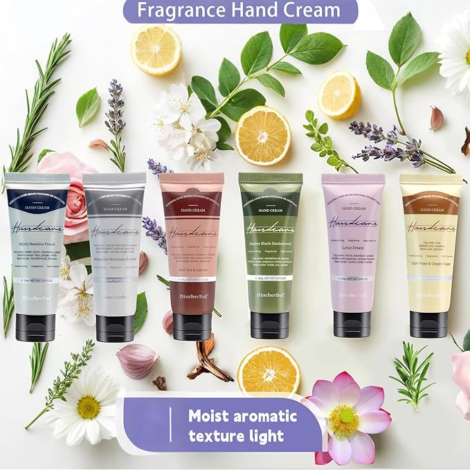 DincherBel 6 Pack Travel Size Hand Cream Set - 1 oz Moisturizing Lotion for Dry Cracked Hands, Light Rose & Ginger Sugar Scented Hand Lotion Gift for Women, Nurses, Teachers, Bridesmaids Gifts