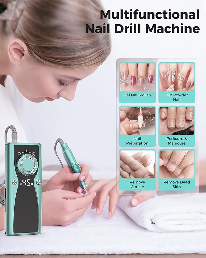 Electric Nail Drill Professional Kit: 45,000 RPM USB Rechargeable Efile Nail Drill Nail File with 12 Bits for Polishing Gel/Acrylic Nails- Portable Manicure Tool Set for Salon/Home-Green