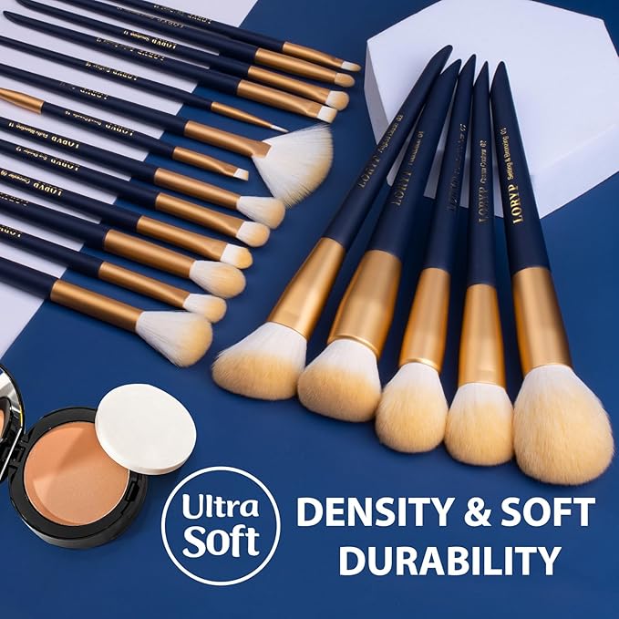 LORYP Makeup Brushes Set Labeled 18 Piece Face and Eye Brush Set Ultra soft hair Foundation, Concealer, Blush, Contour, Blending, Eyeshadow Blue Brush kit