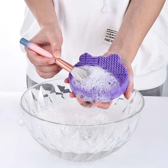 Silicon Makeup Brush Cleaner Mat with Brush Drying manual Make up brush cleaner cleanser machine Cosmetic Brush Cleaning Pad+Makeup Brush Dry Cleaned Quick Color Removal Sponge Scrubber Tool(Blue)