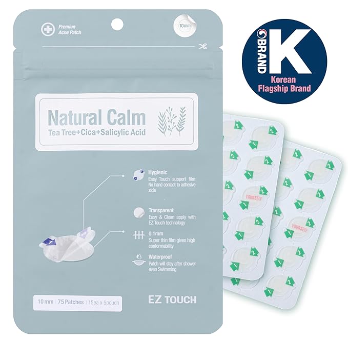 EZ Touch Acne Pimple Patch(75 Patches) New Normal Easy & Clean Innovative Patch, Natural Calm 12mm 60ea