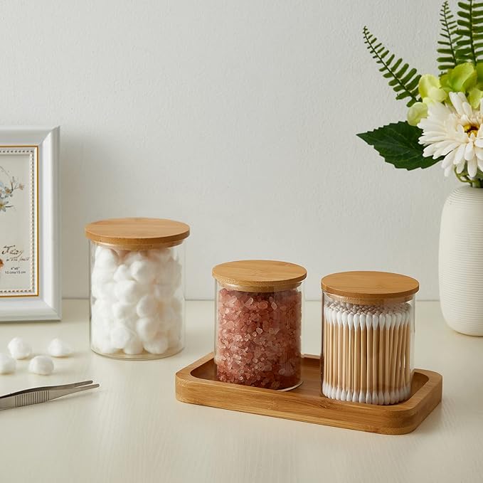 INIUNIK Glass Qtip Holder Dispenser with Bamboo Lid - 2 Pack Apothecary Jars - Cotton Balls Pads Swabs Holder Jar - Bathroom Vanity Canisters Jars for Countertop Storage and Organization