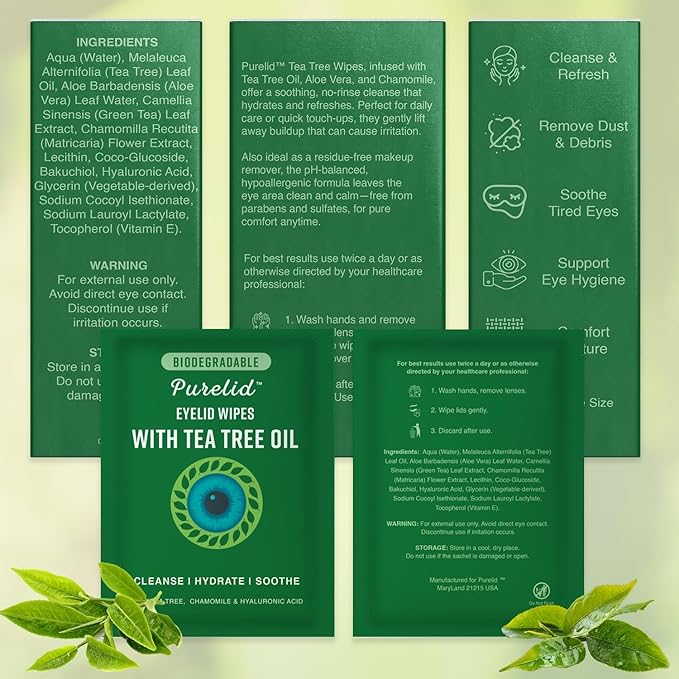 200Pcs Tea Tree Eyelid Wipes ā Tea Tree Oil Eye Wipes for People with Dry Eyes & Allergies ā Gentle Eyelid Cleanser with Hyaluronic Acid ā Individually Wrapped & Biodegradable - 2 Pack