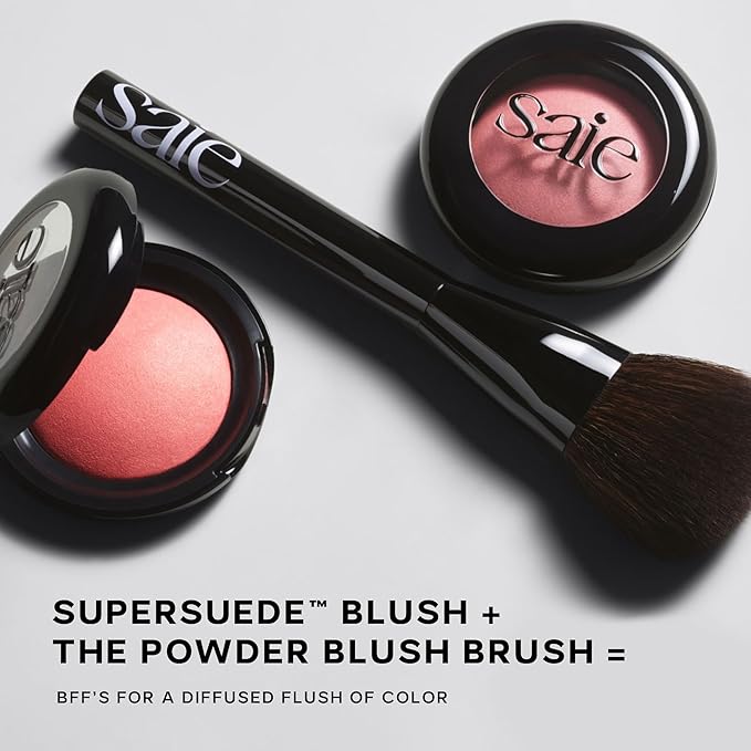 Saie Blush & Brush Duo - SuperSuede Baked Blush in Mia (.01 oz) & Powder Blush Brush - Talc-Free, Moisturizing Blush with Vegan, Fluffy Brush for Seamless Application