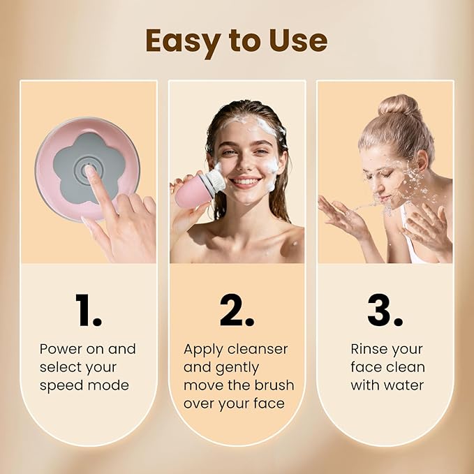 Facial Cleansing Brush, Mini Electric Face Scrubber, Waterproof Face Exfoliator Brush for Deep Cleansing, Portable Face Wash Brush for Travel, Easy to Carry, with 3 Brushheads for Women Mom Men