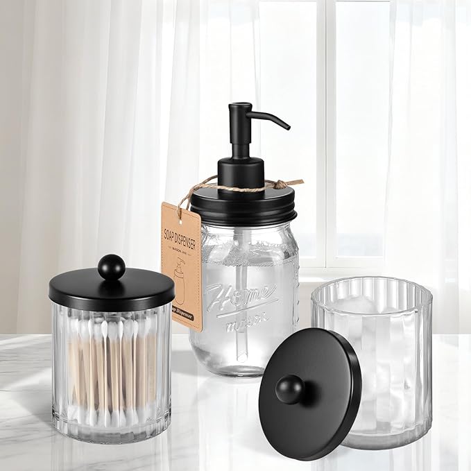 Amolliar Qtip Holder Dispenser for Cotton Swabs, Cotton Balls, Pads, Floss Picks, Clear Glass Canister Apothecary Jar, Bathroom Essential Accessories Decor, Bathroom Storage Organizer (Black, 2 Pack)