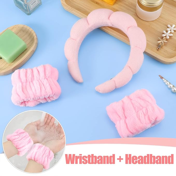WSICSE Sponge Pink Spa Headband for Washing Face, Valentines Skincare Headbands Puffy Padded Keep Hair Dry Self Care Gifts for Women